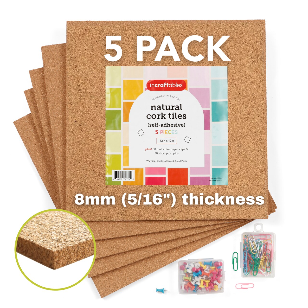 Incraftables Adhesive Cork Board Tiles (5pcs - 12 x 12 inch Squares). Thick Frameless Cork Board for Wall, Office & Home. Best Large Cork Squares Self Adhesive Sheets with Clips Pins & Push Pins